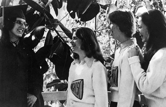 FEARLESS.. leader, senior class president Brent Milburn, gets undivided attention from his admiring class officers: Cathie McCain, secretary; Lori Thompson, vice president; Tish Worsham, treasurer.
