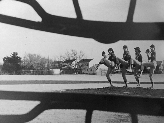 THROUGH THE EYES of cathcer Jeff Purdum, pitchers Mike McCain, Chuck Linhardt, DeWayne Vaughn and Kevin Guarnera warm up during spring practice.